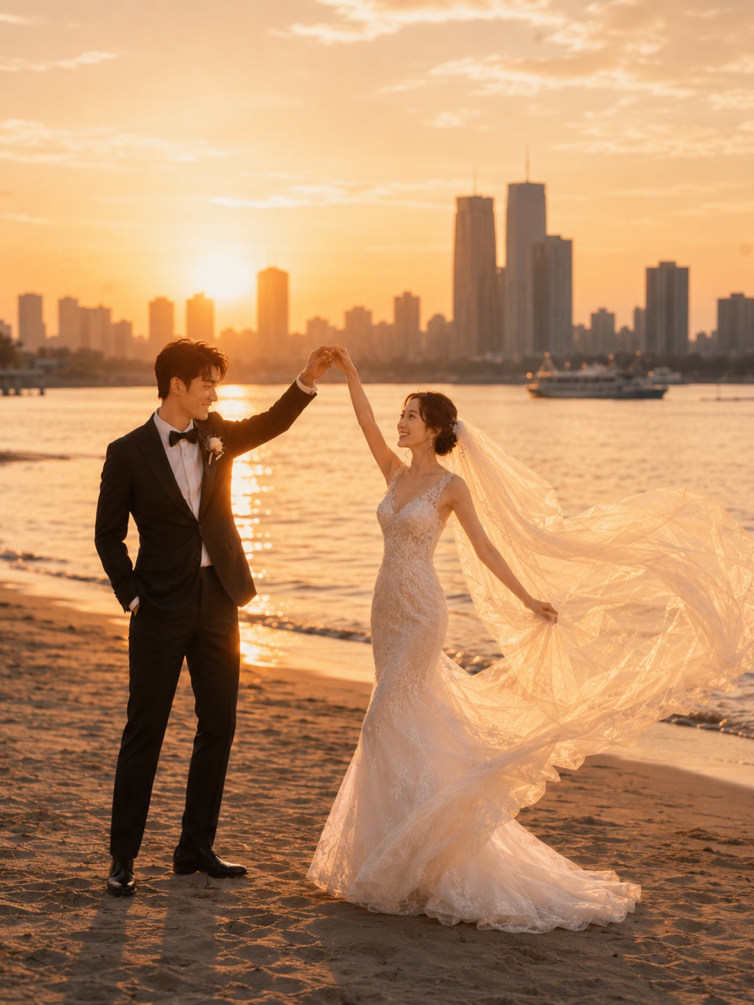 The couple dancing on the beach at sunset