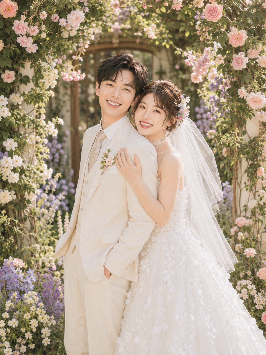 Lucas and Yuna beneath a sunlit flower arch
