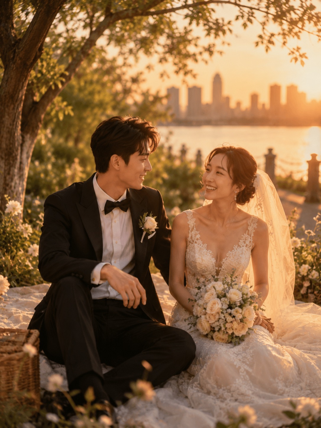 The couple seated together beneath a tree at golden hour