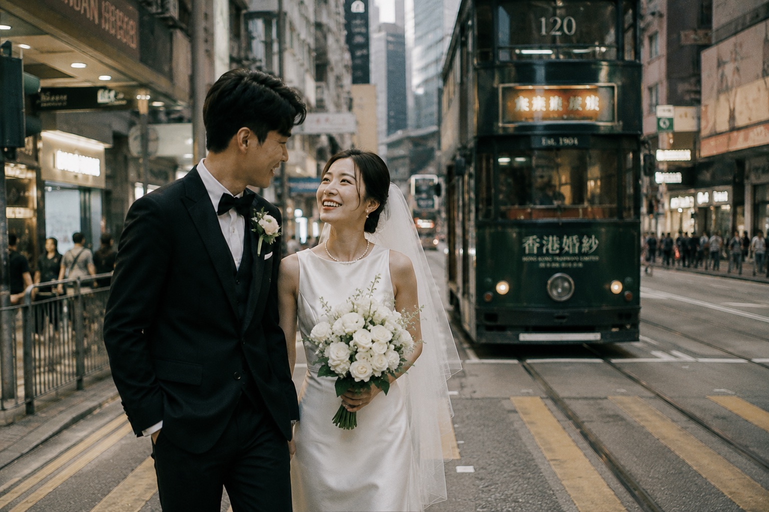 The couple walking beside the tram tracks with a green tram behind them