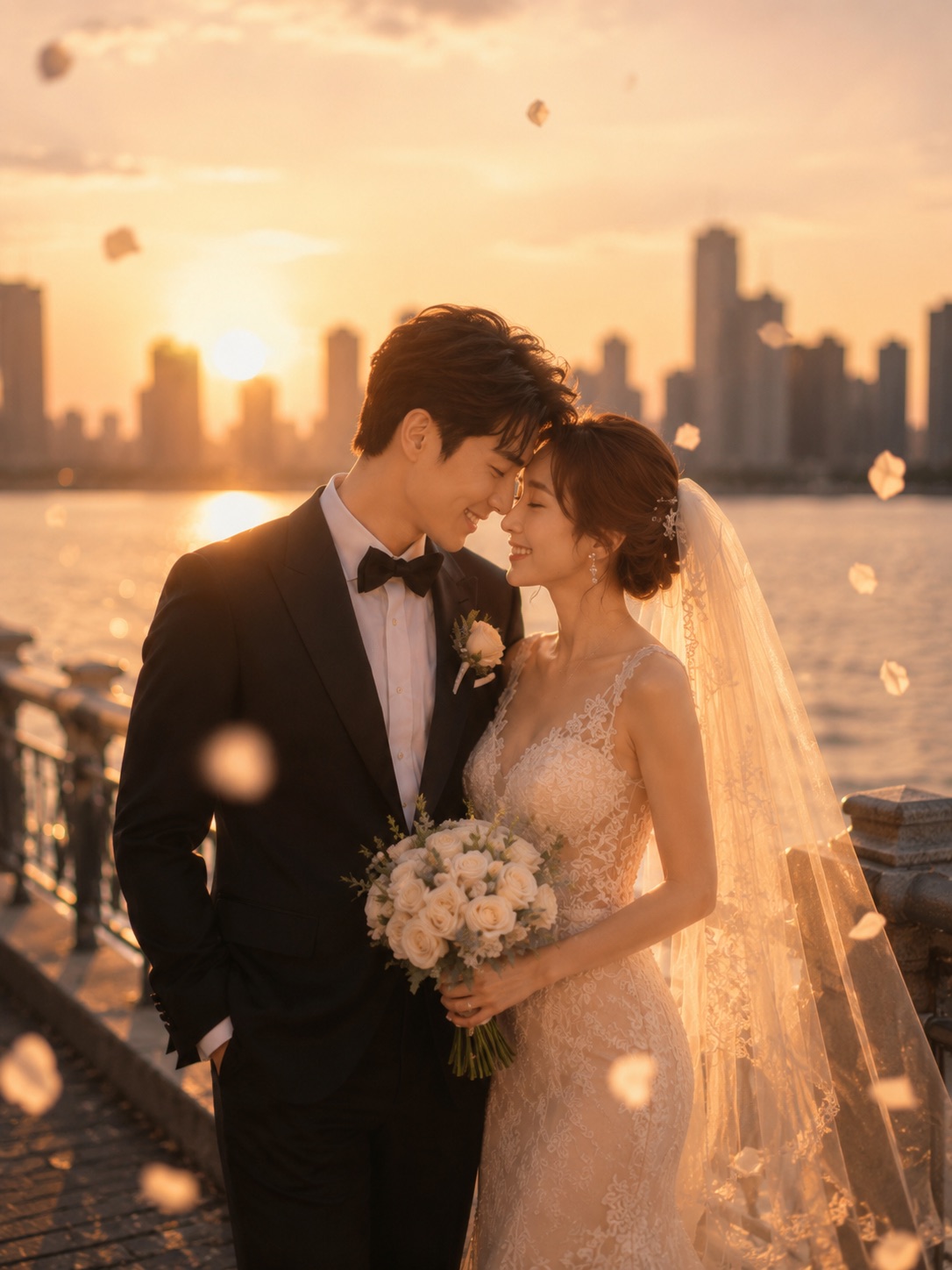 The couple smiling with their foreheads touching
