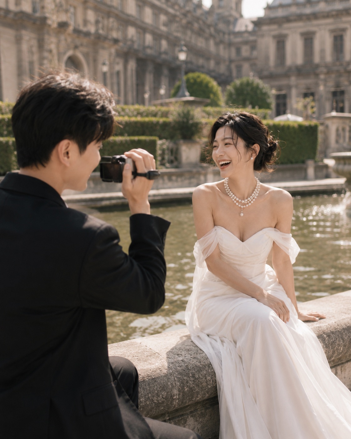 Jules taking a joyful portrait of Mina beside the palace gardens