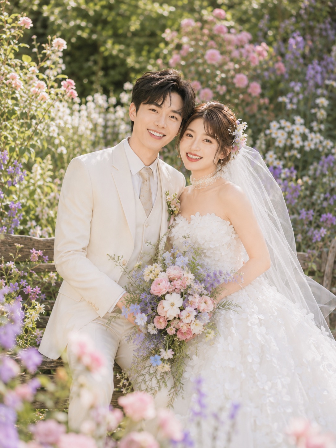 Lucas and Yuna seated together among pastel flowers