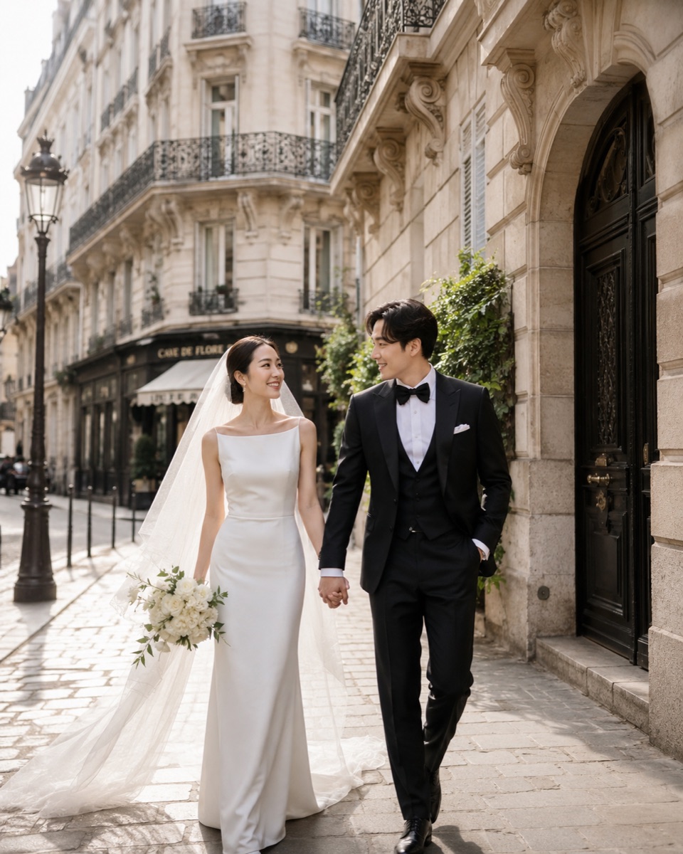 Couple walking a villa courtyard