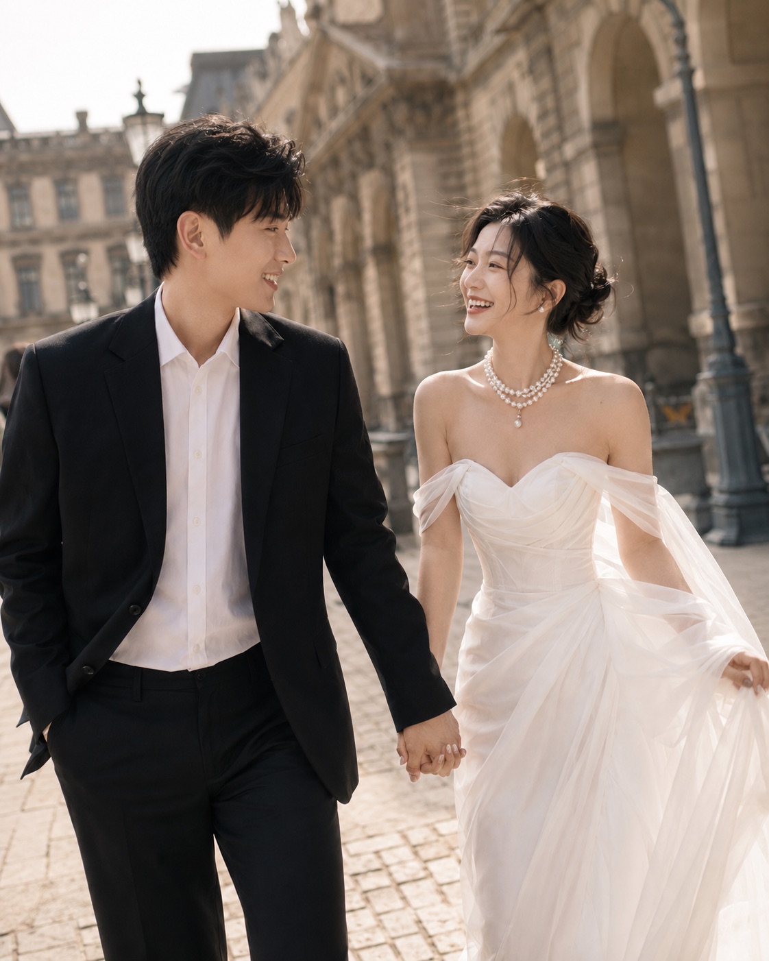 Mina and Jules holding hands while walking together through Paris