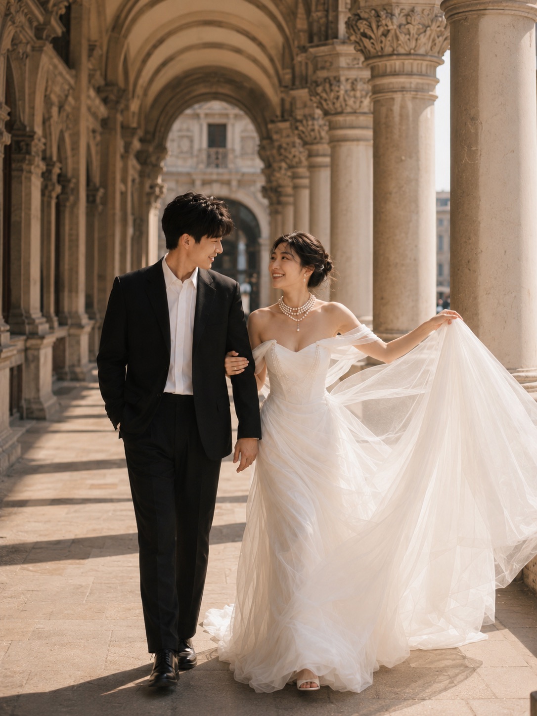 Mina and Jules strolling together beneath the stone arches