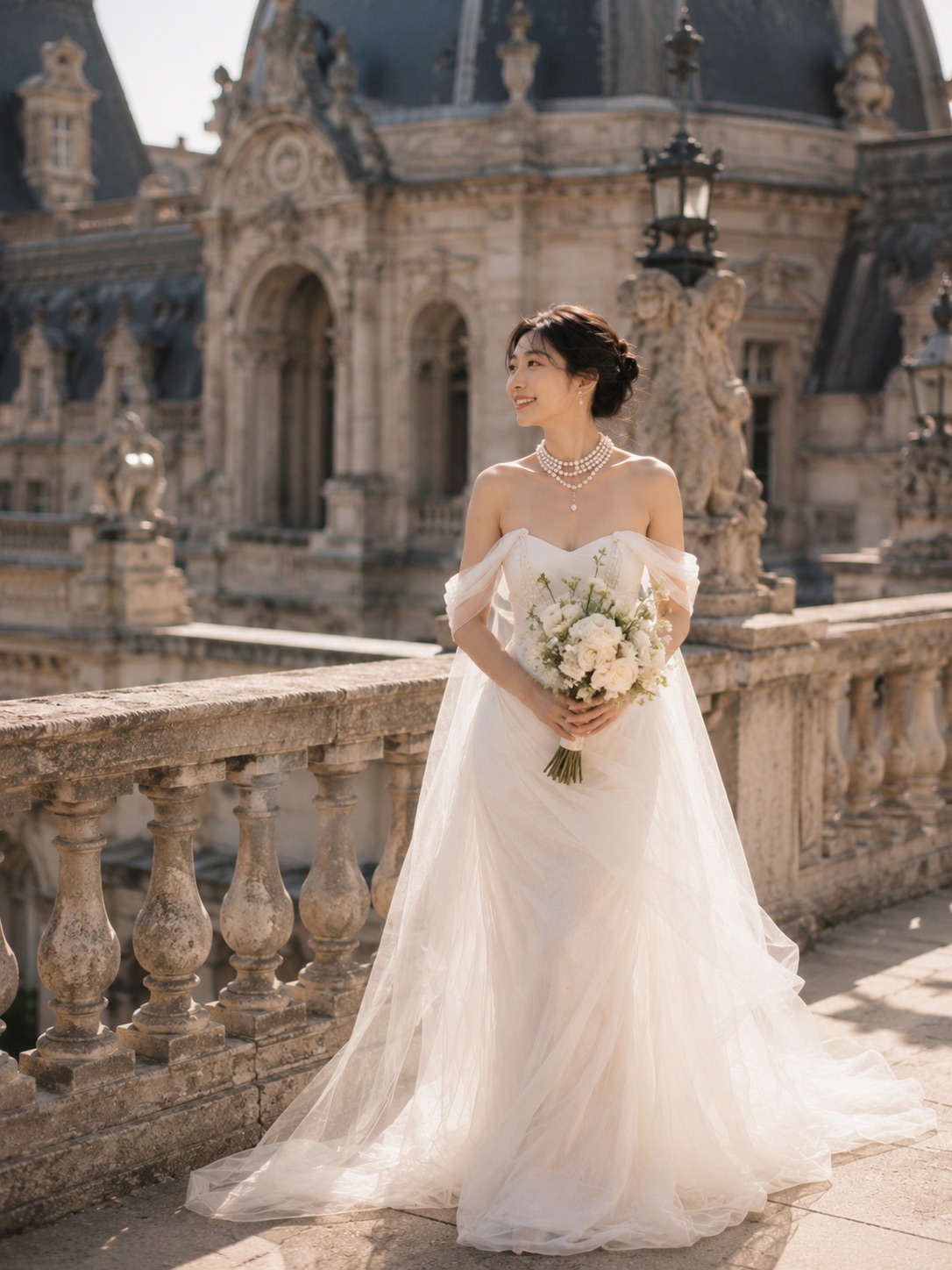 Mina holding her bouquet on a historic Paris terrace