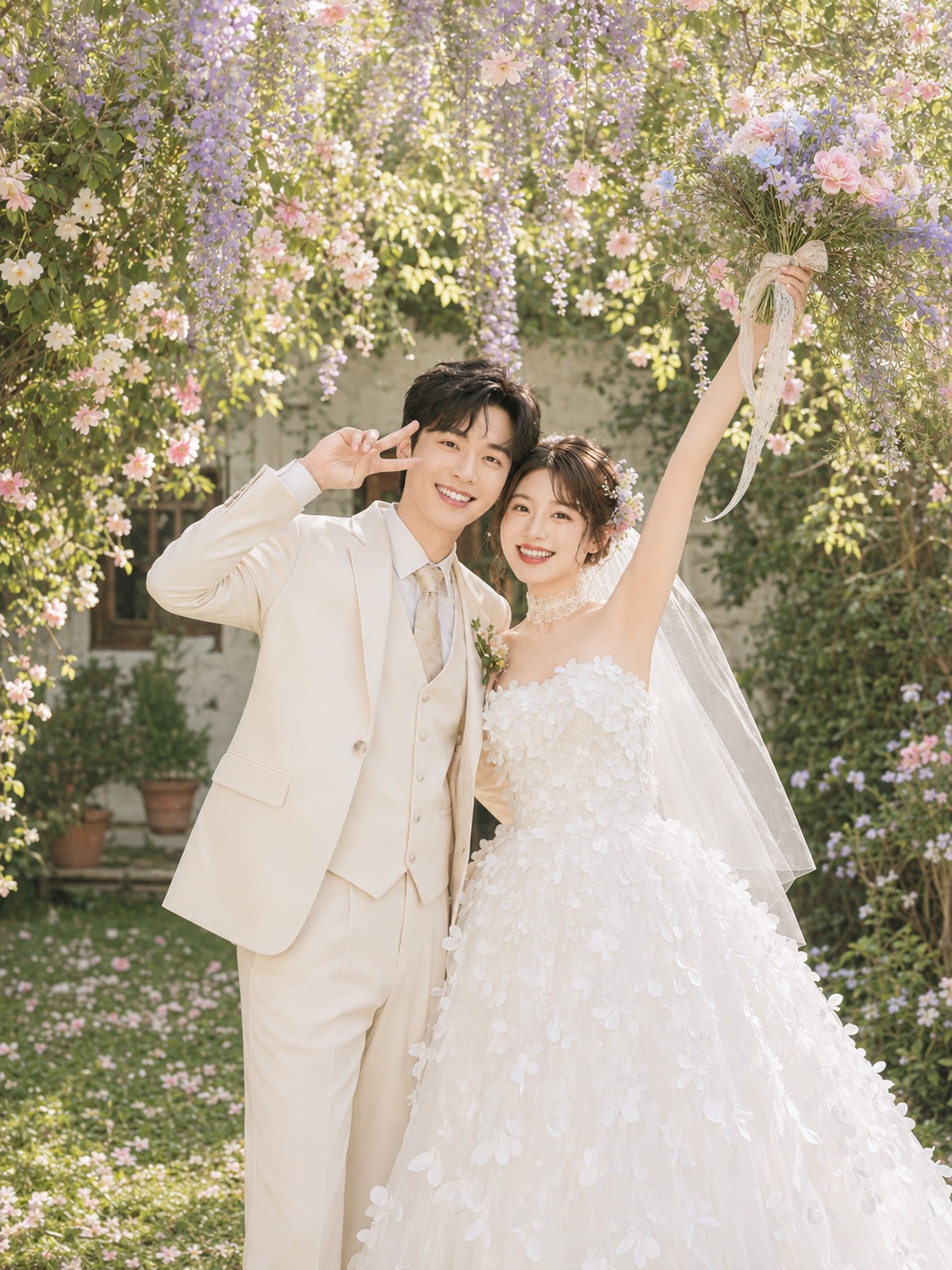 Lucas and Yuna laughing together beneath hanging flowers