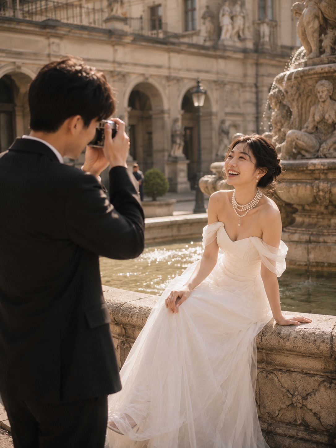 Jules photographing Mina beside a fountain